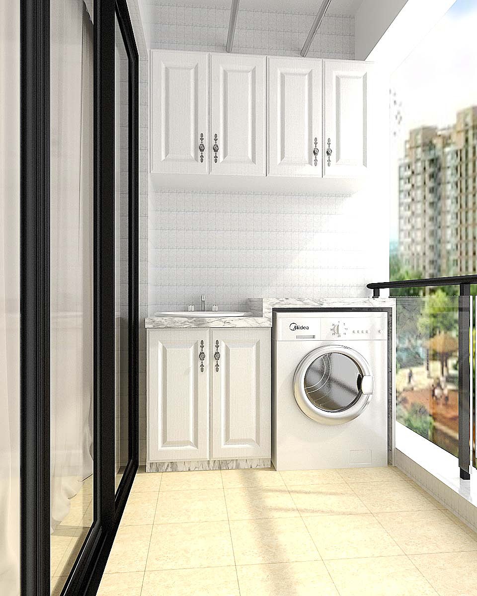 阳台做了一个现在很流行的洗衣机柜,还可以放点杂物,挺好的。