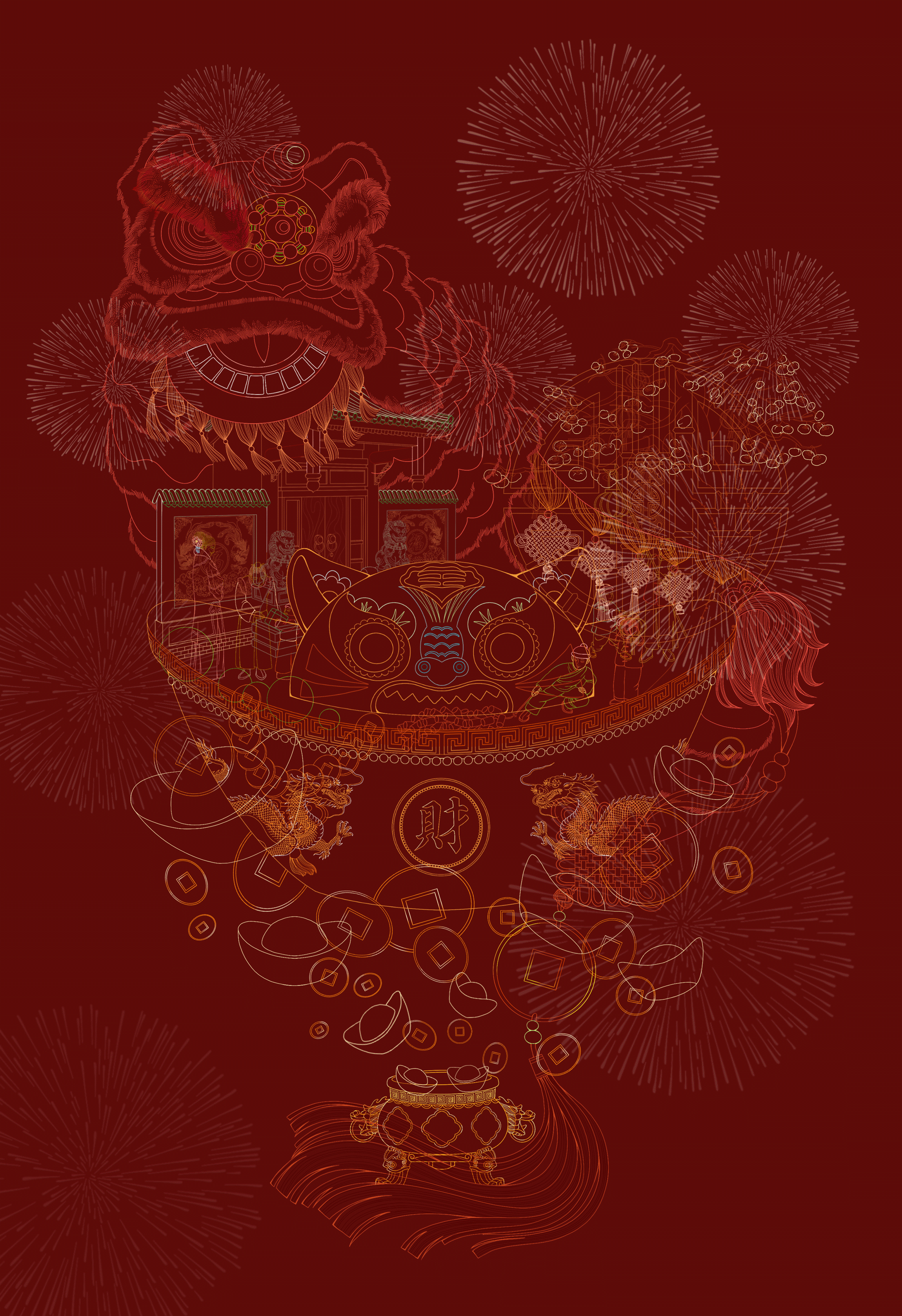 【2022虎年春节插画】金·虎·送·福