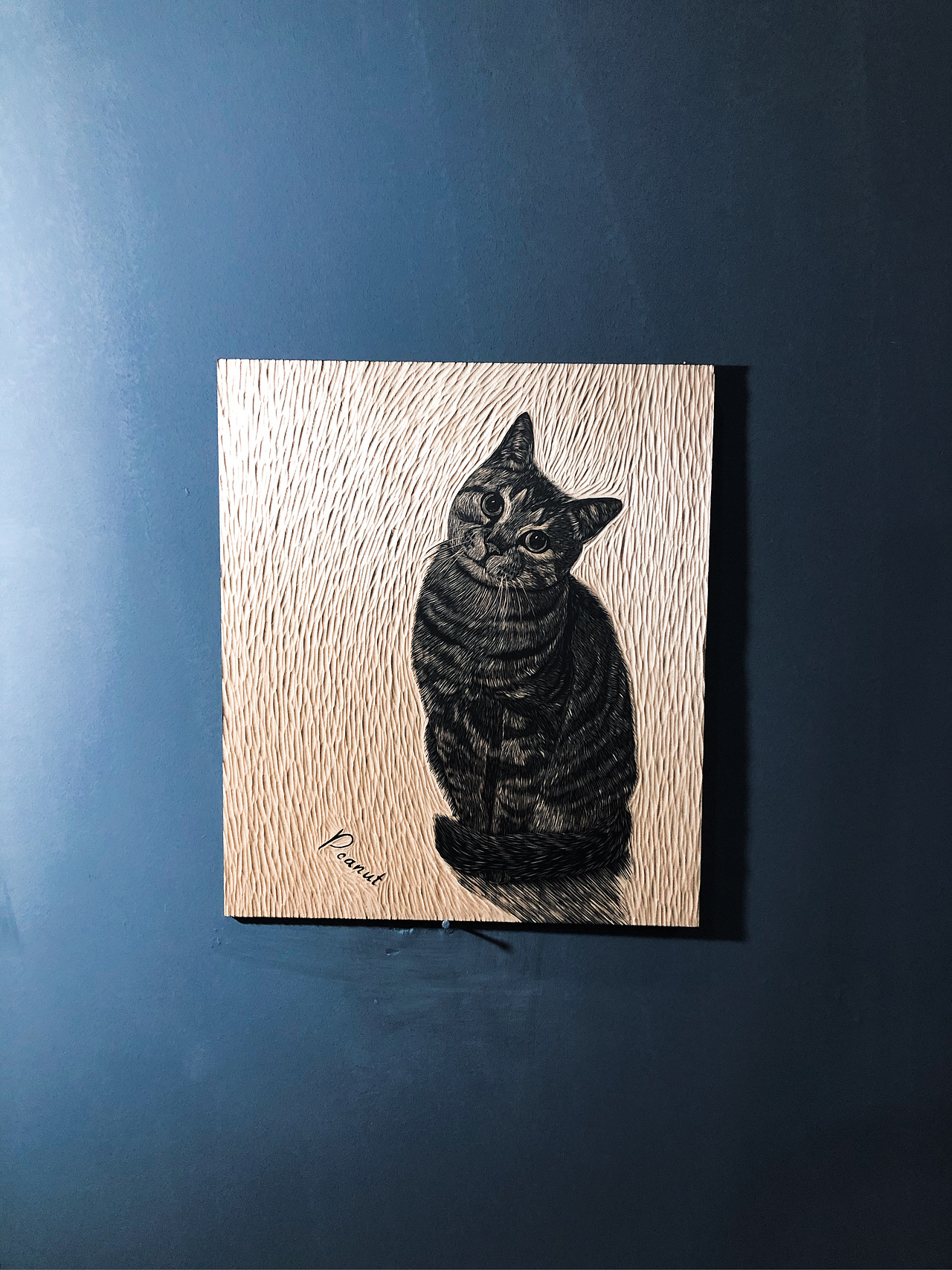 手工雕刻猫咪黑白木刻版画