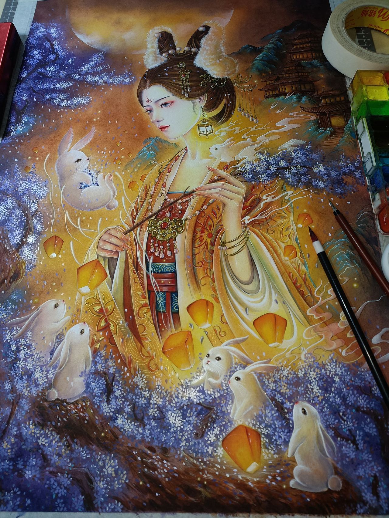 古风手绘水彩——兔仙