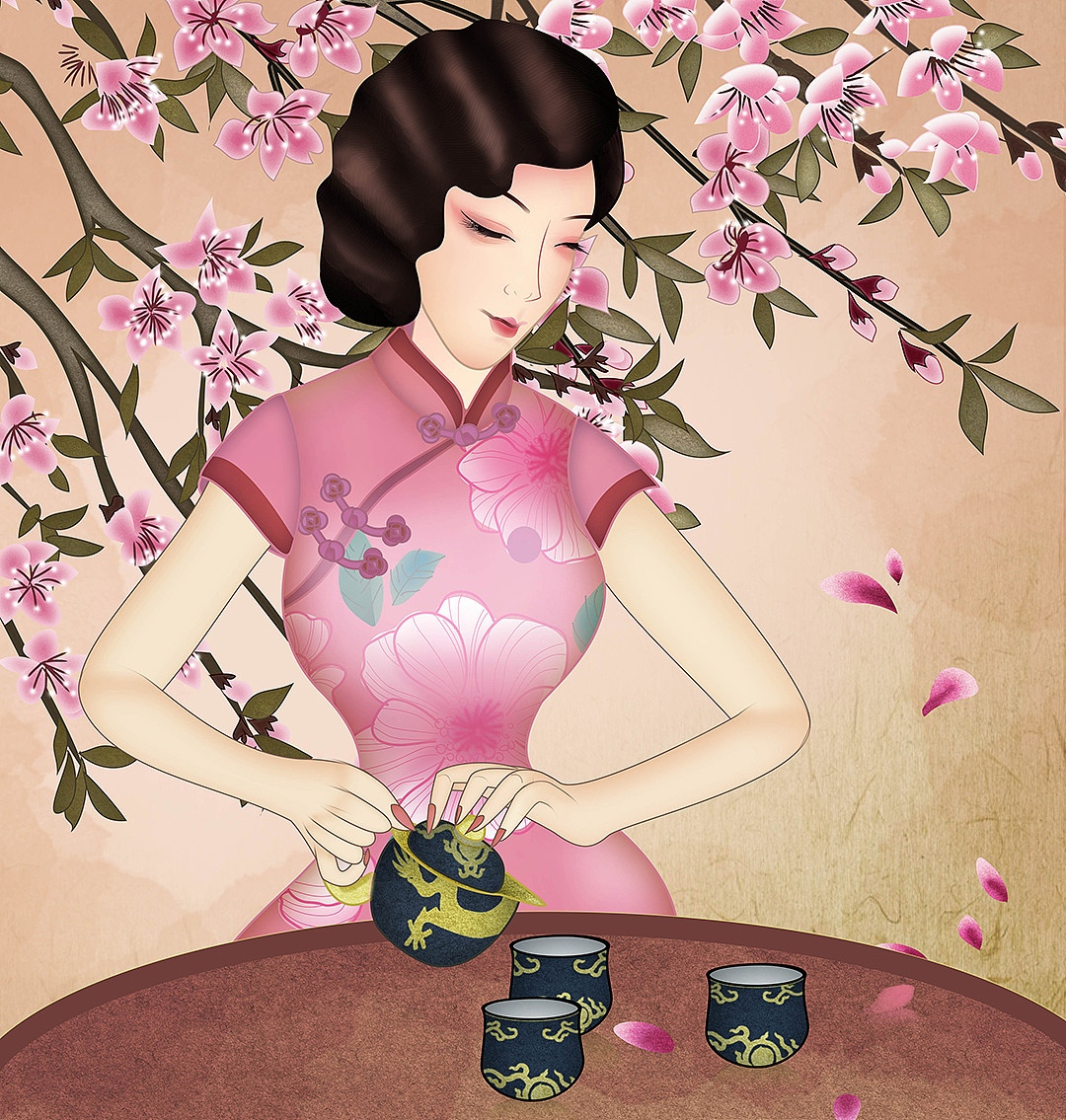 桃花桃枝花瓣飘落燕子《琴棋书画》下棋美人