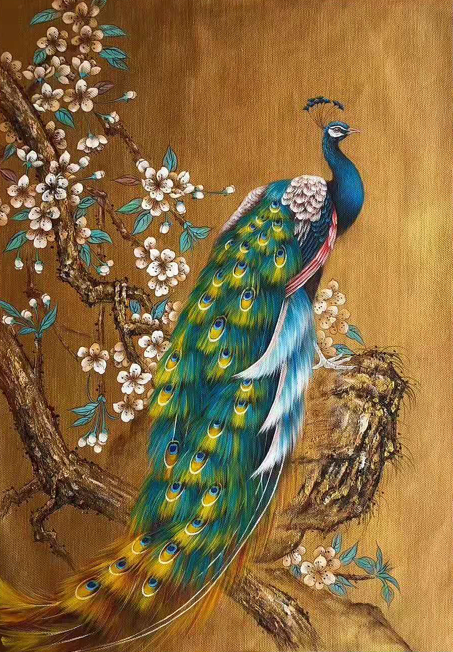 手绘油画孔雀