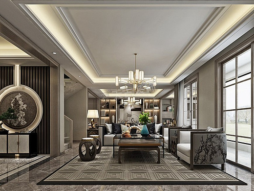 恒大麓山湖叠拼户型装修方案,新中式风别墅设计效果图