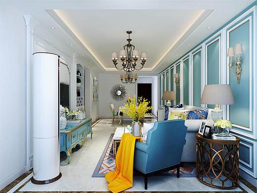 1992效果图现代轻奢风客餐厅效果图 颜色大胆新颖