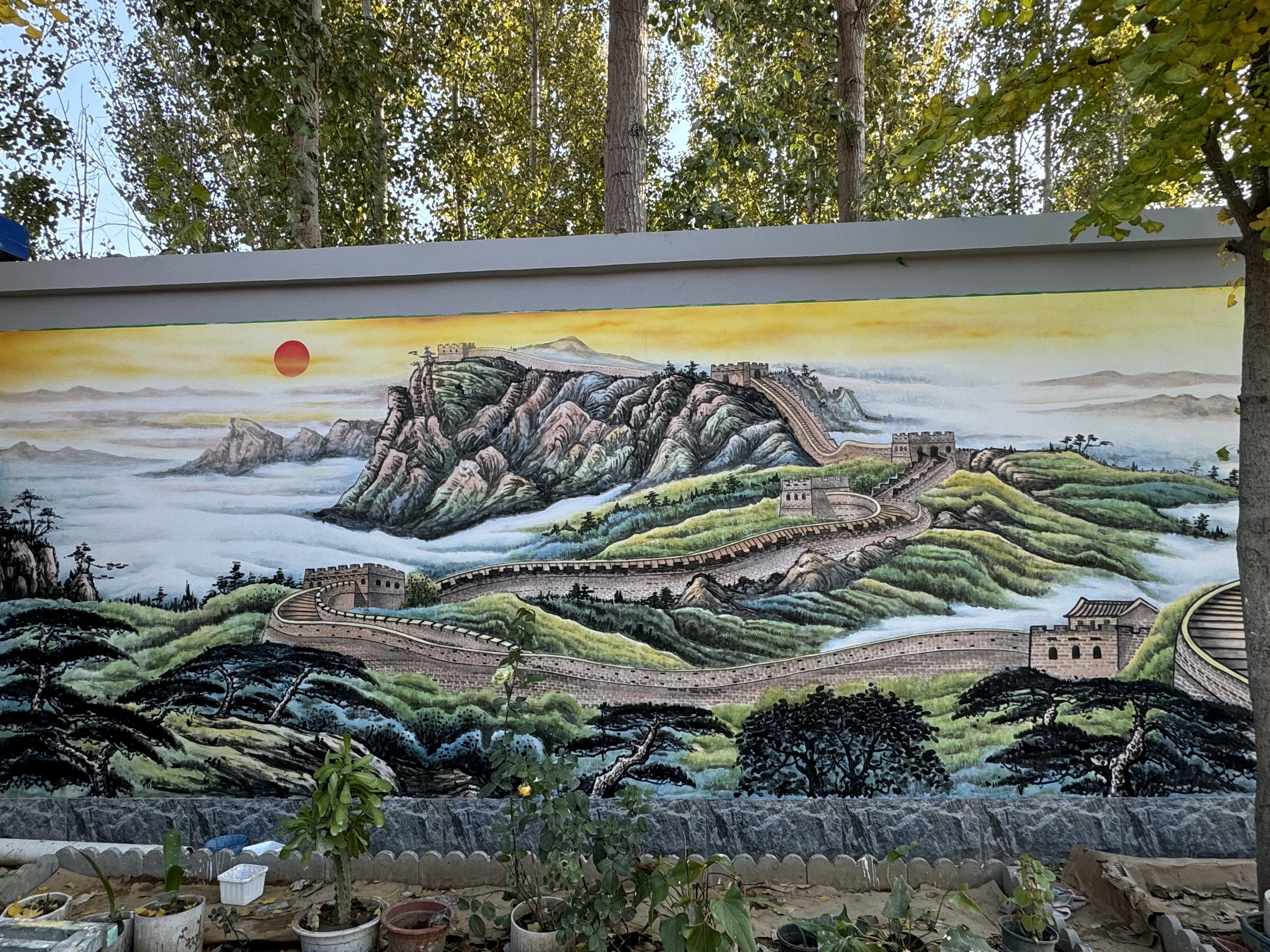 国画长城画上墙._叁色翼墙绘-站酷zcool