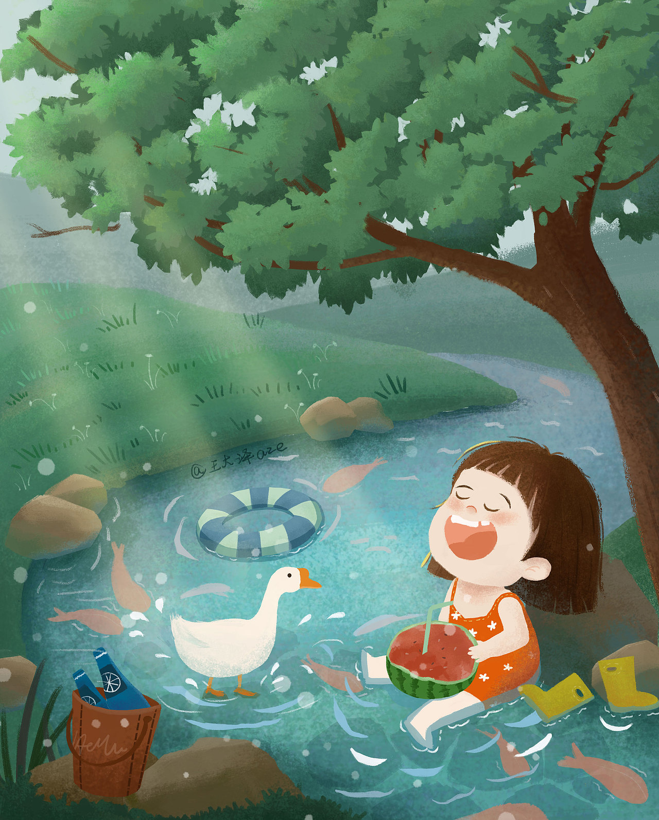 这个夏天 br>快乐玩水 br>抓鱼抓螃蟹 br>吃西瓜喝饮料