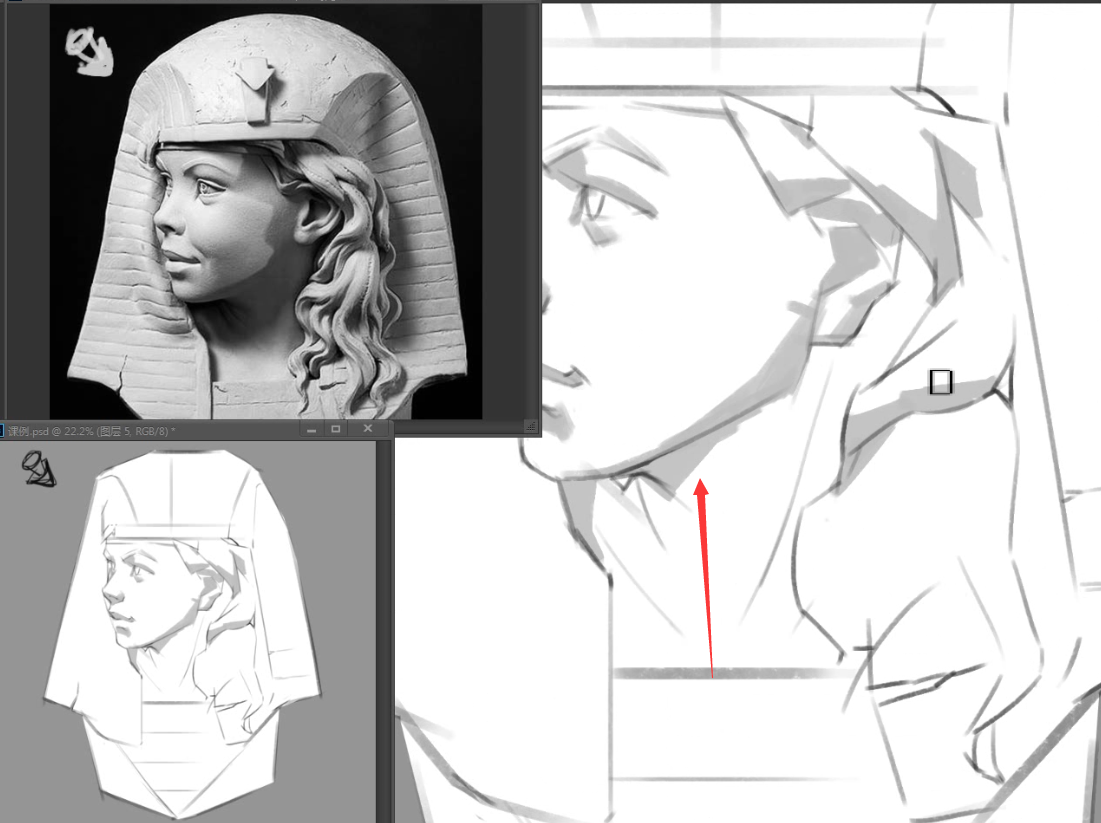 把暗部画出来后,这个人就感觉立起来了.