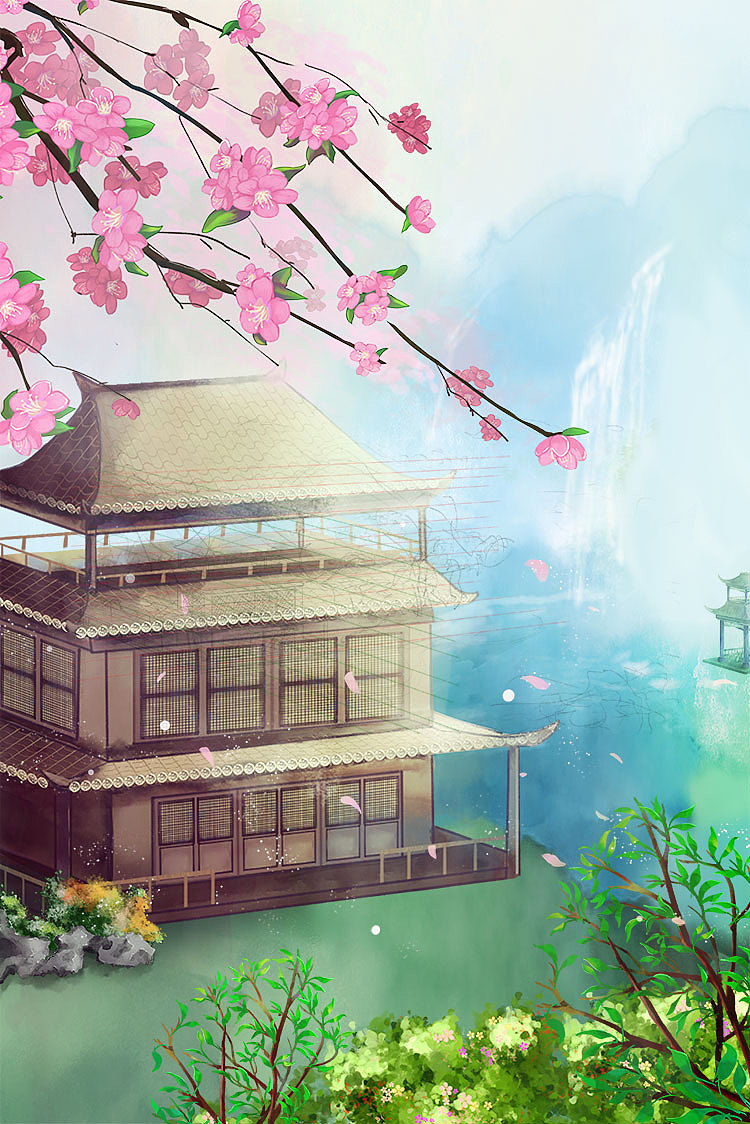 PS古典建筑场景中国风庭院游戏背景水彩插画海报设计