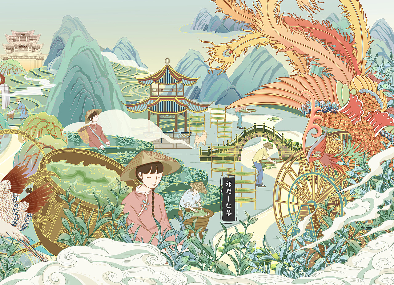 国潮插画长卷——灵兽与茶