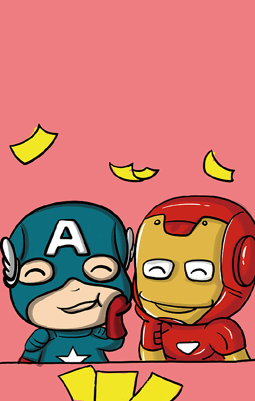 手绘卡通超级英雄 钢铁侠 美国队长 雷神 黑寡妇 手绘人物商业插画