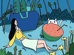 美女 包包 草地 插畫 臨摹