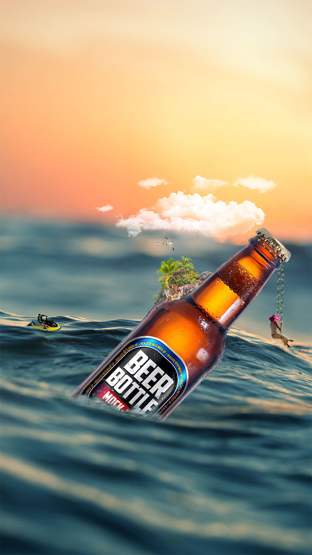 海上啤酒创意合成荡秋千人物超酷合成