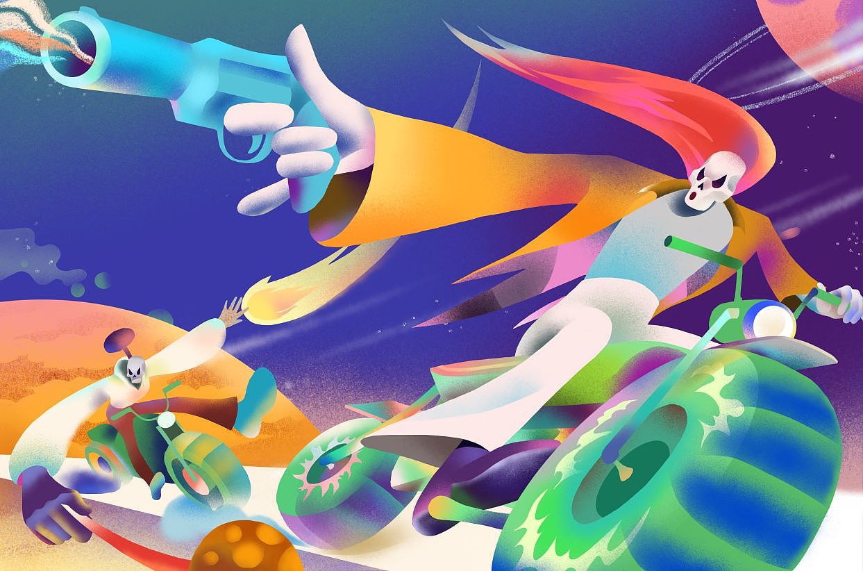 画奇幻的主题总觉得天马行空,很好玩。两位在外星交战的骷髅战士,将要蹦出画面的构图,无论是画时还是画完都感觉很刺激!