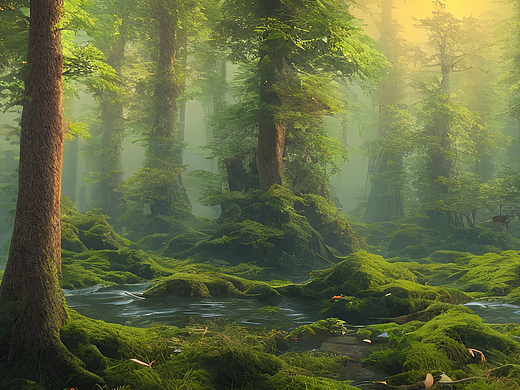 站酷梦笔#森林里有丁达尔效应,有溪水和小鱼