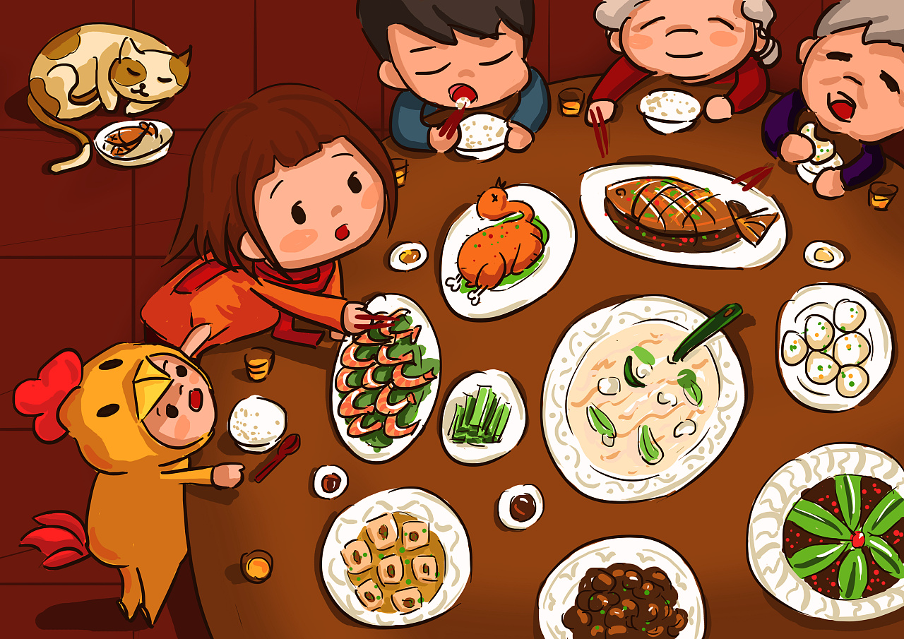 在厨房一起做饭的温馨一家人插画图片-千库网