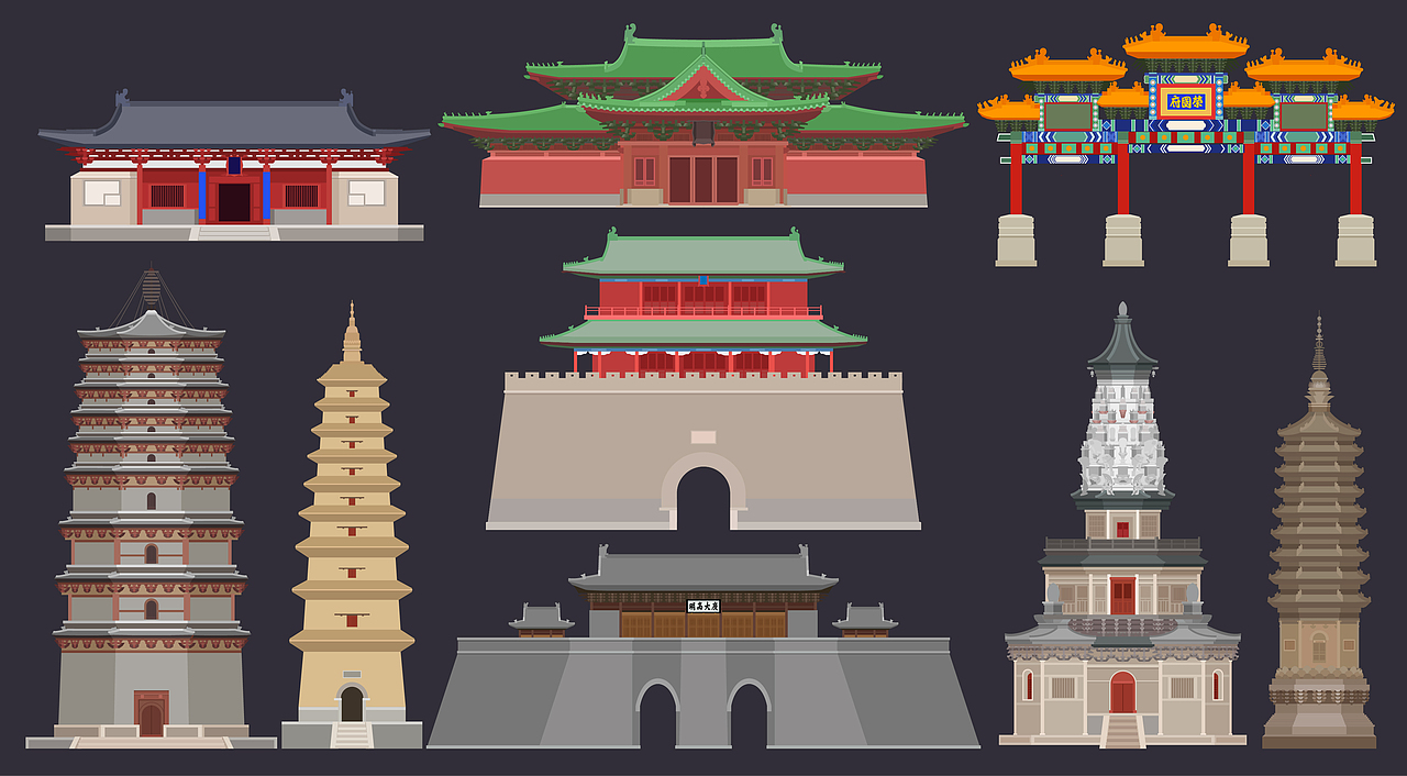 习作 国家级历史文化名城——正定古城 扁平化矢量图 br>海洛下载编号