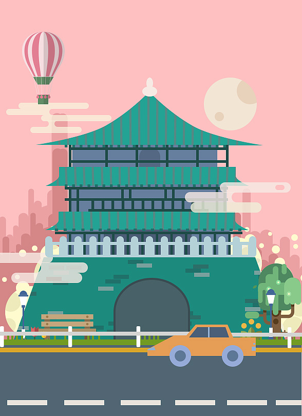 扁平化插画西安景观
