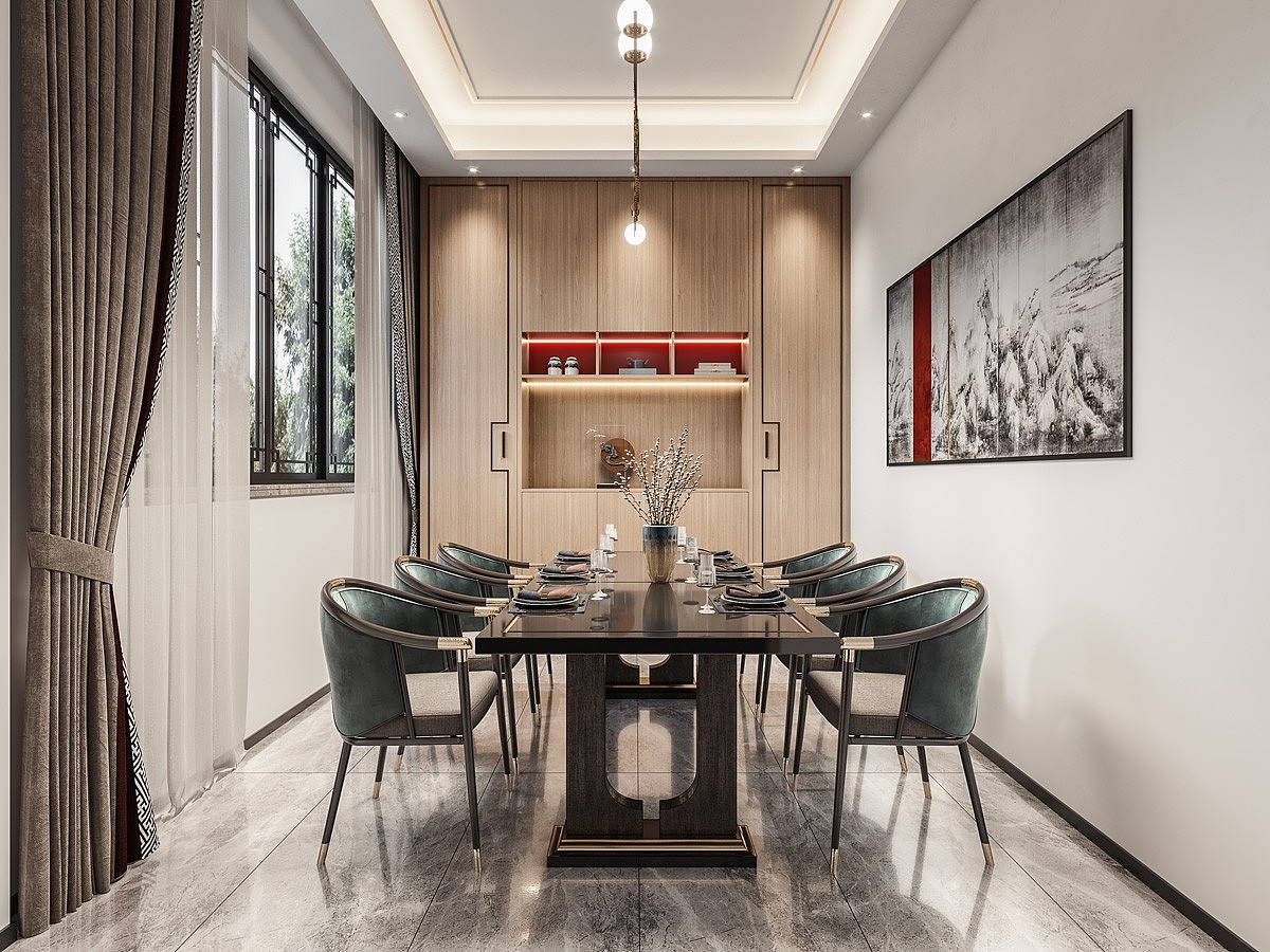 新中式餐厅全景效果图设计