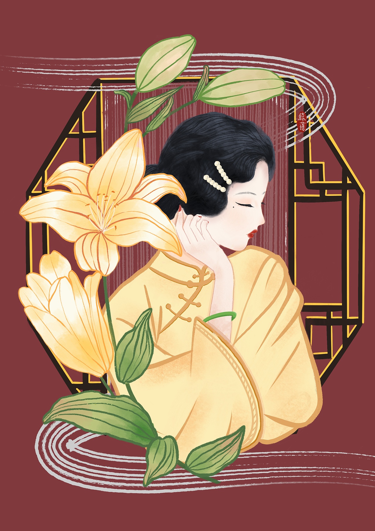 民国风女子插画-百合