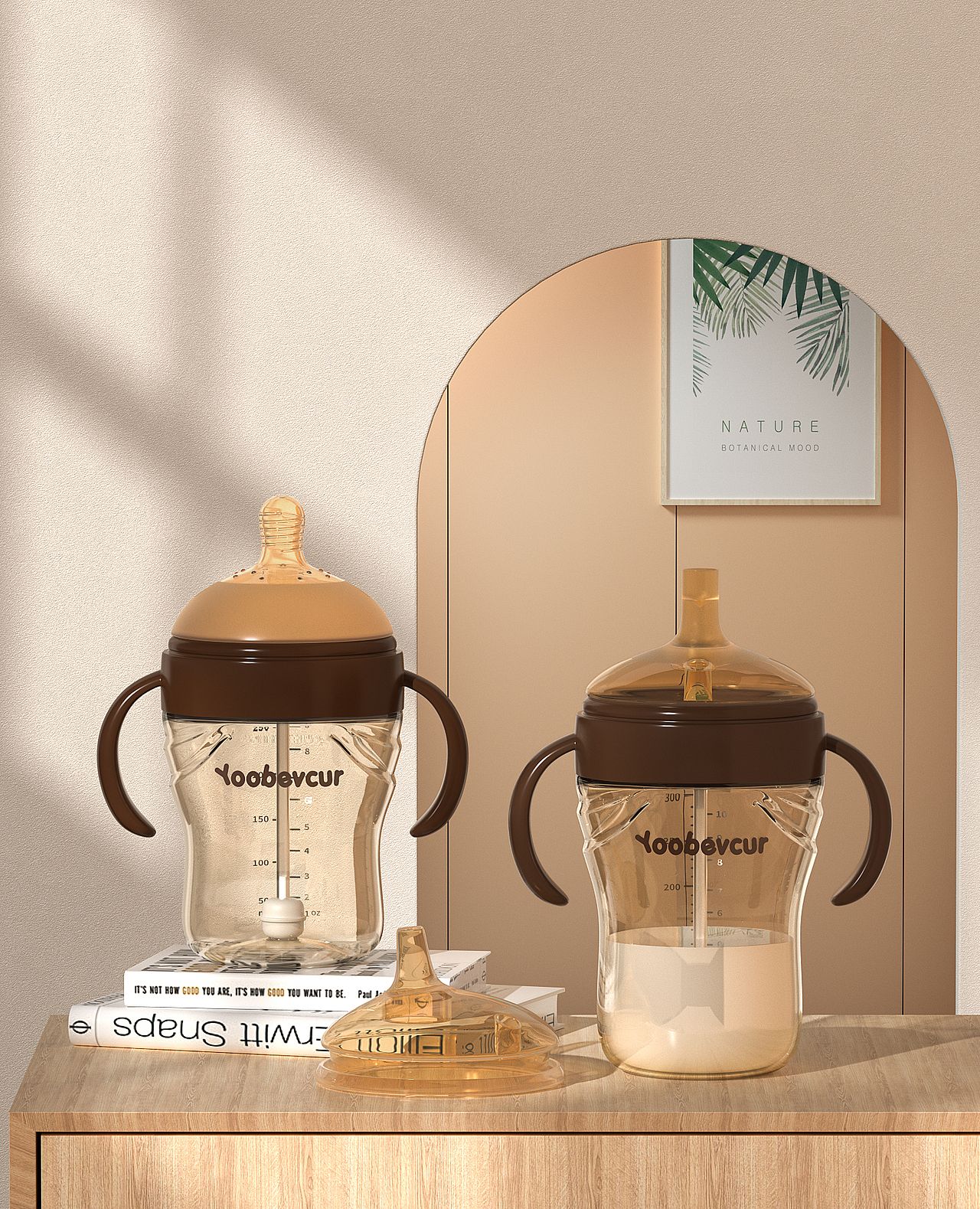 电商母婴奶瓶渲染图~日系复古风格排版