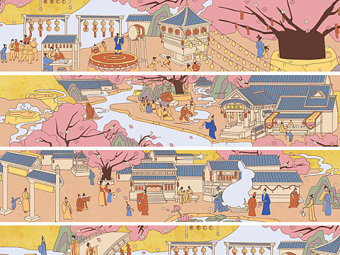 古风线描场景｜金色月光桃花源