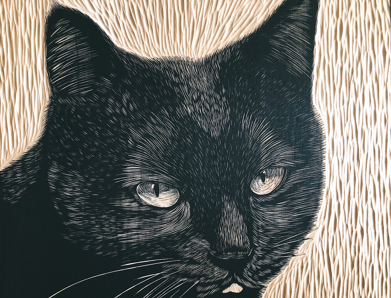 【猫咪】手工雕刻黑白木刻版画