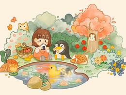 森林插画 下午茶  水彩