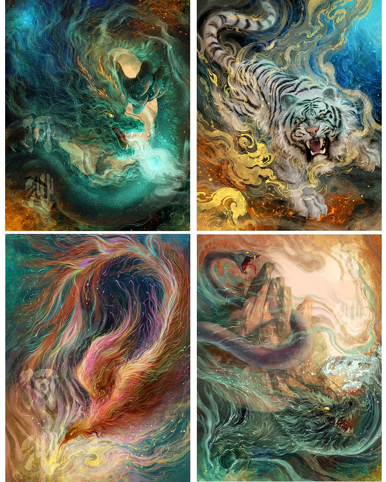 四大神兽插画:青龙,白虎,朱雀,玄武