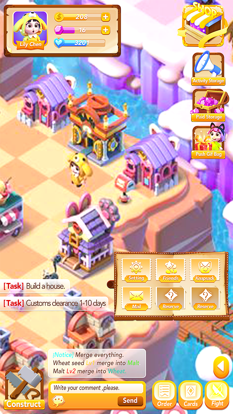 休闲游戏风格,1.配色方案:高饱和、高明度、清新、明快;2.层级:可变字体与icon-底板或卡片-游戏画面背景;3.小元素修改。