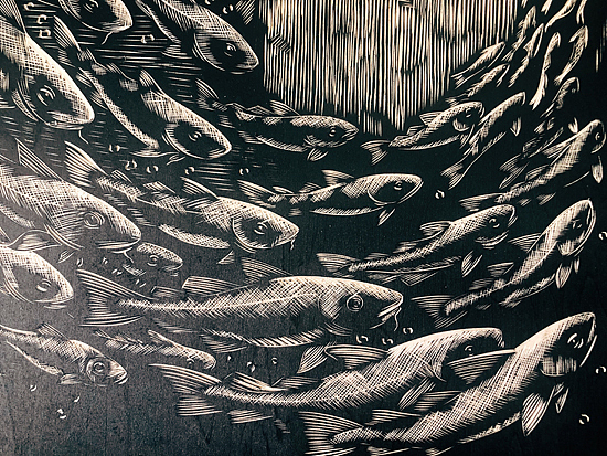 手工定制黑白木刻版画飞鱼