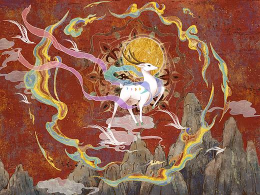 古风瑞兽仿岩彩插画