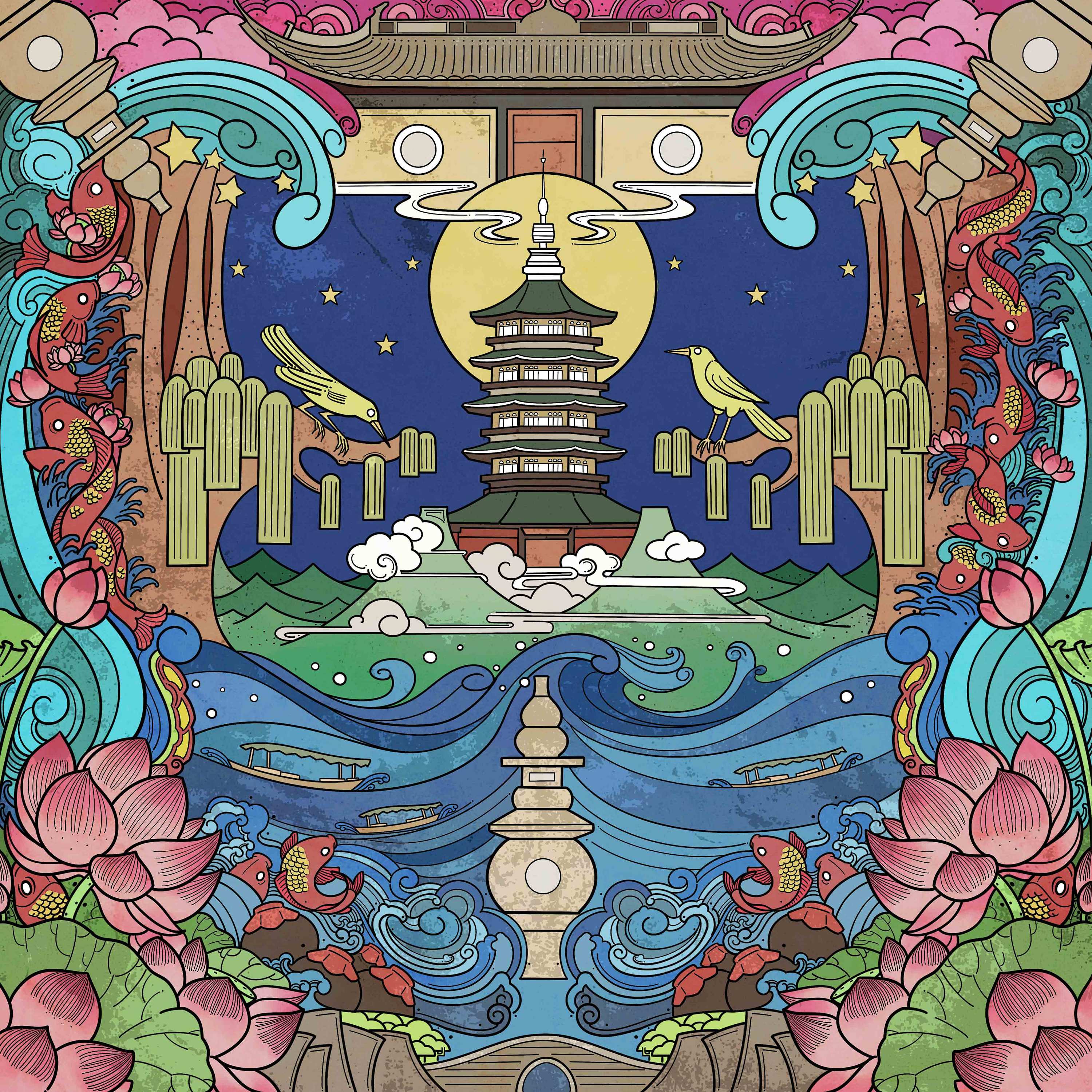 西湖十景主题方巾设计图案