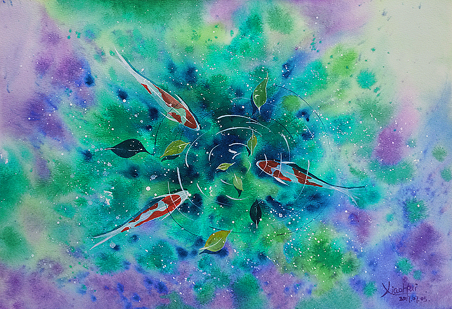 《锦鲤之春》原创水彩作品