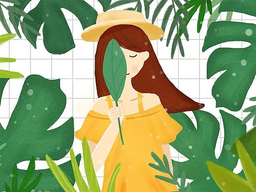 绿植和少女原创插画