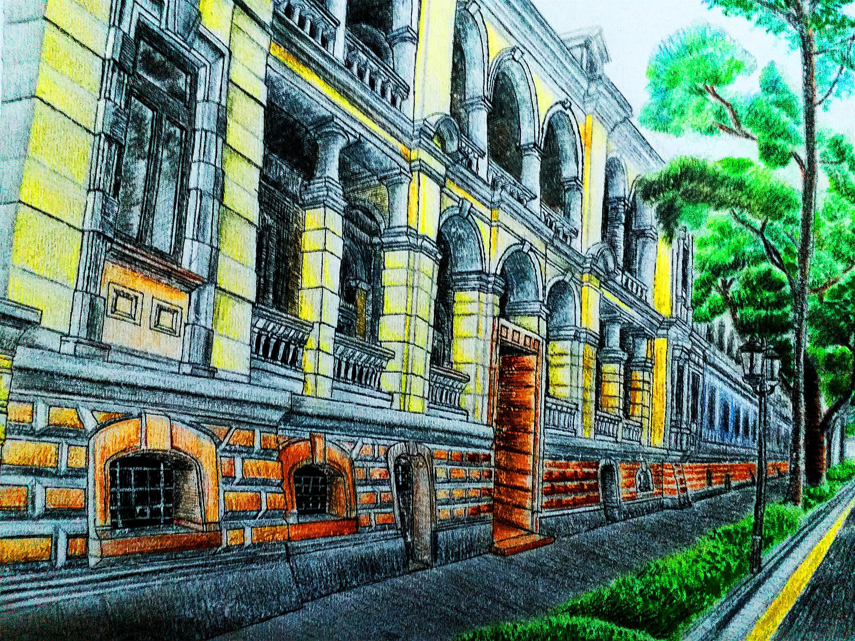 手绘·广州沙面·欧风老街一角