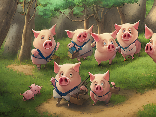 #站酷梦笔#三只小猪，4K，超详细，吉卜力,插画