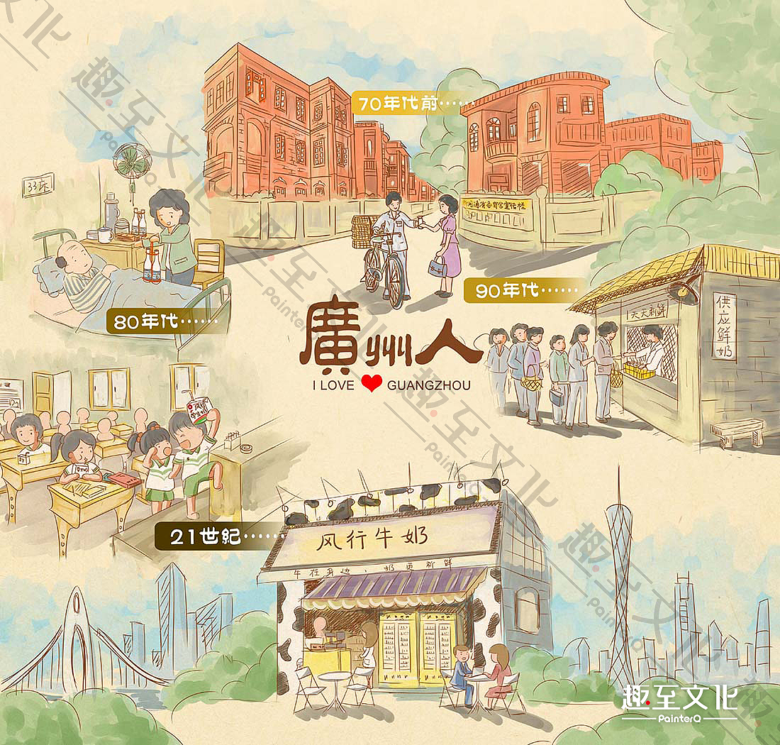 趣至文化出品：风行牛奶系列明信片——广州情（图ZMjM4ODMxODEy） - 商业插画 - 站酷设计师趣至文化原创素材 - 站酷ZCOOL