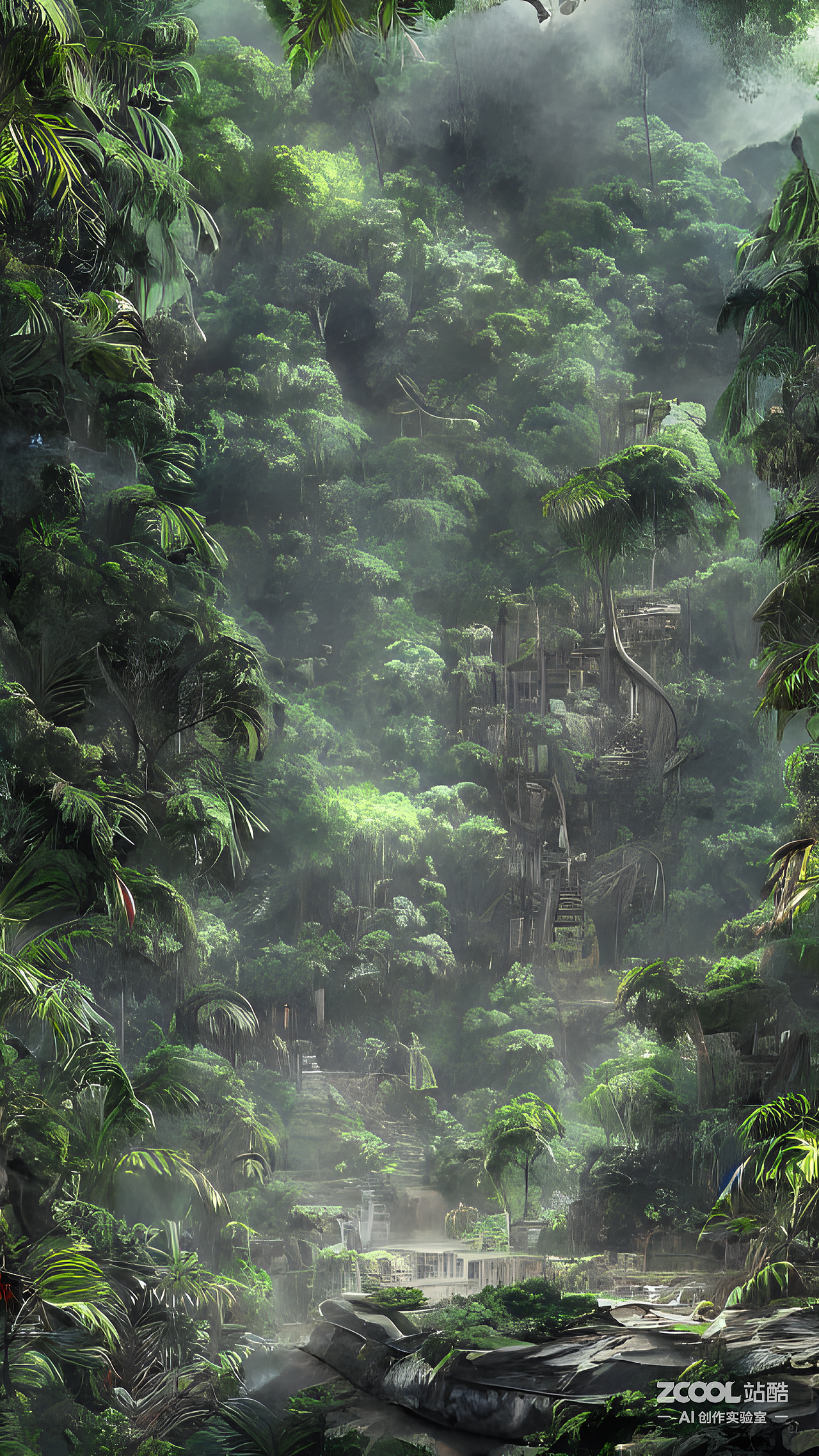 #AI创作实验室#热带丛林中的遗迹（图ZMzIyMDczMDY4） - AI作品 - 站酷设计师MIAO喵JANELIN原创素材 - 站酷ZCOOL