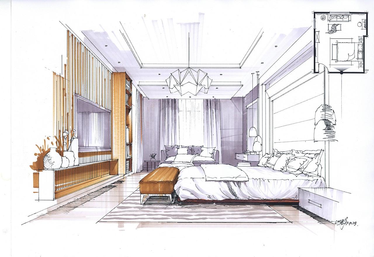 天花吊顶,地毯,墙面的处理也要符合材质的特点,用色要准确,应真实反映