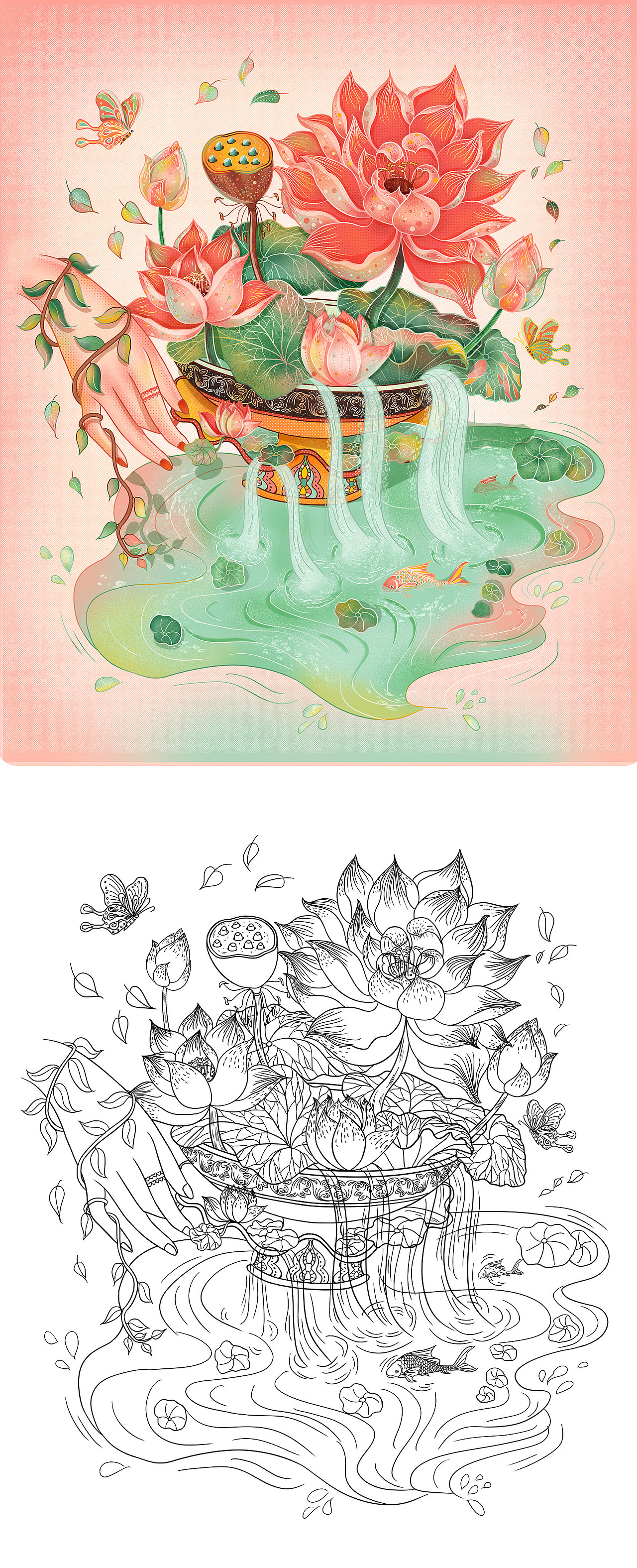 国风线性插画习作-荷花手静物