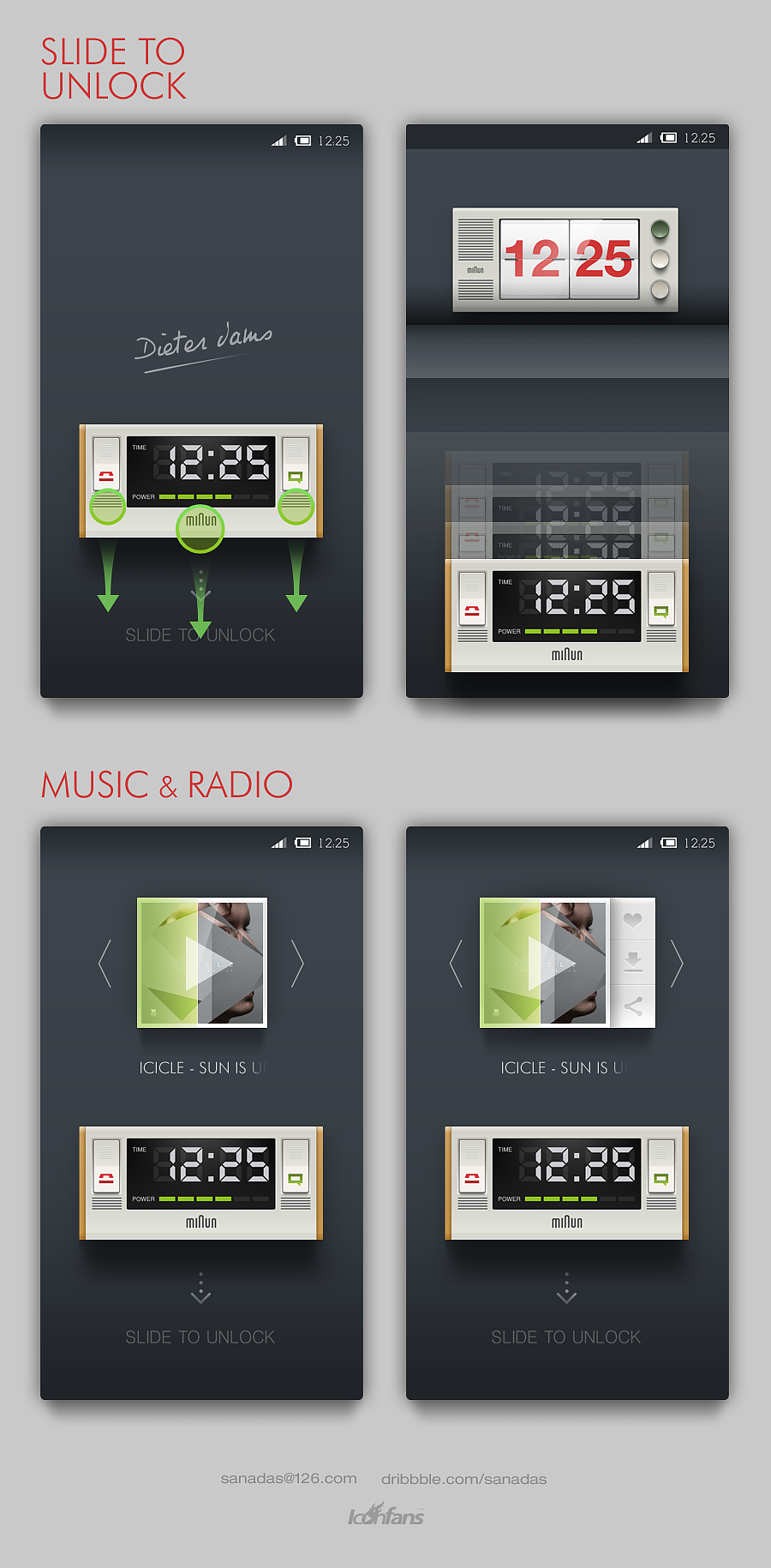 锁屏--左右下三个区域向下滑动解锁，分别解锁到电话，信息和主界面。同时在音乐播放与广播界面横滑可以分享与下载。