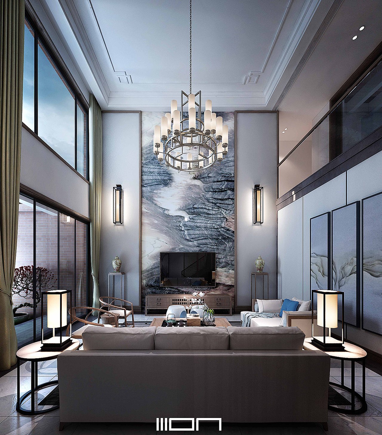 客厅挑高空间,沙发利用木饰面的块面与不同比例的线条,表达出空间的