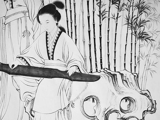 国画工笔白描仕女修竹