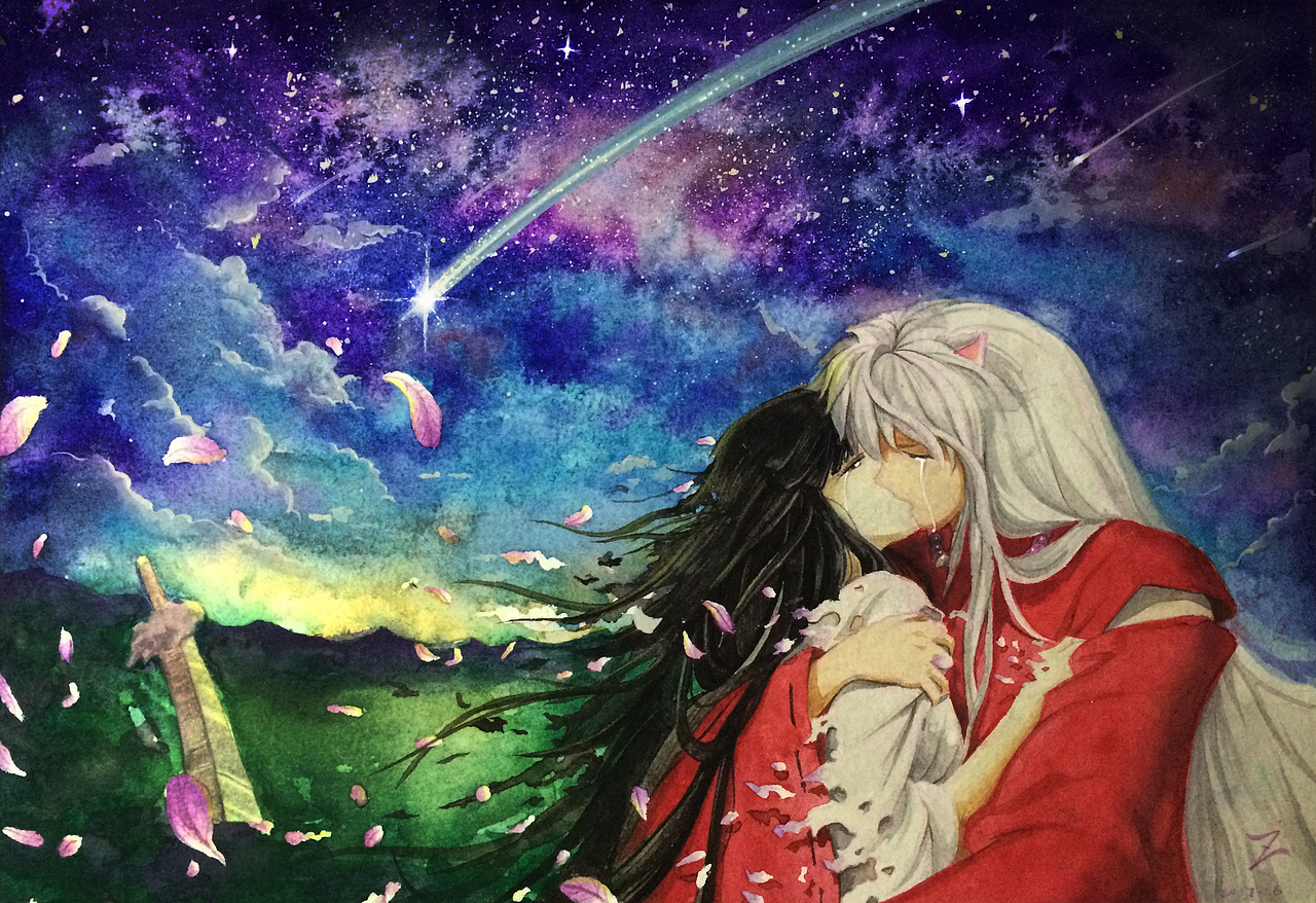 【水彩】《犬夜叉》插画/重绘/桔梗之死/星空