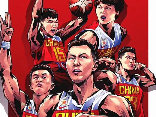 中沃篮球世界杯中国队易建联郭艾伦周琦美漫写实插画
