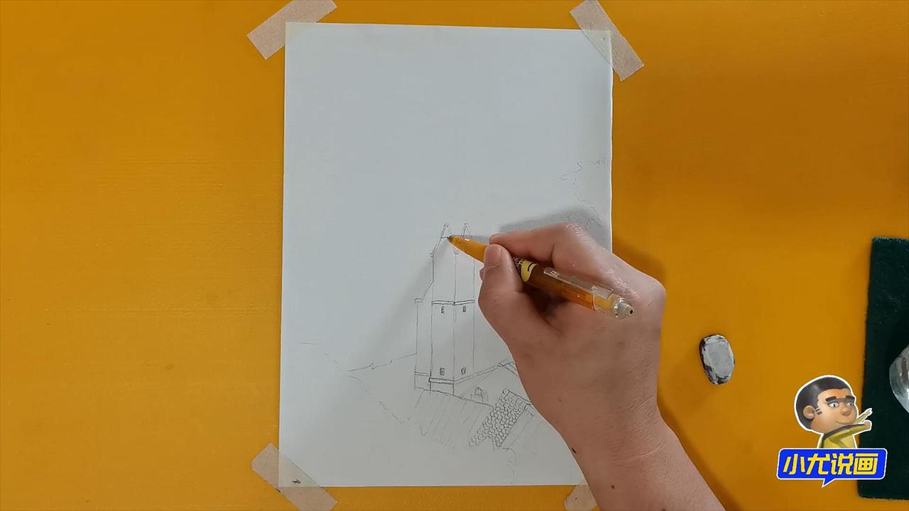 水彩画湖边的教堂-小尤说画