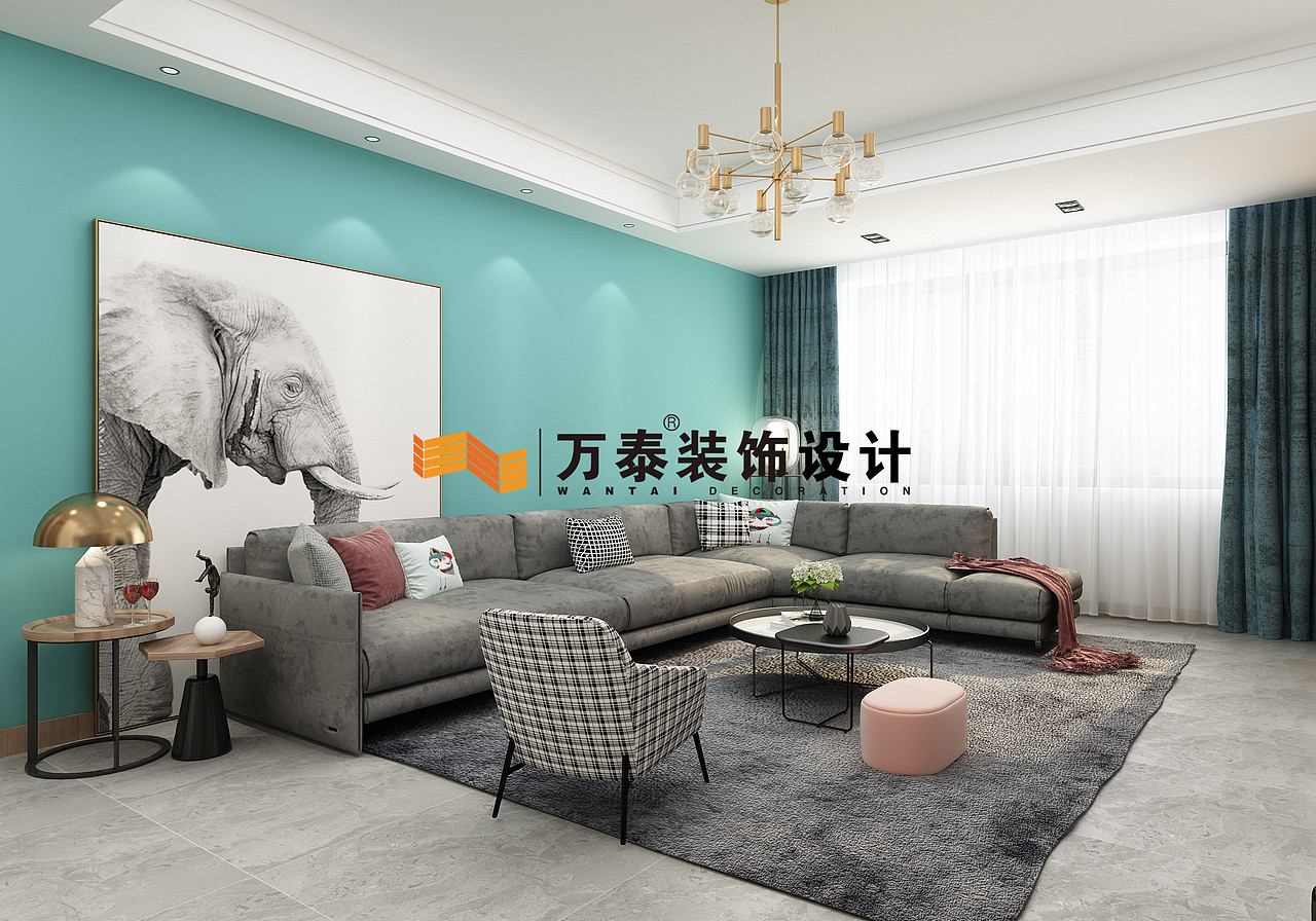 影视墙和沙发背景墙:沙发背景墙很大胆的用了冲击力较强的色彩,搭配灰色的墙面和沙发,让整体的色彩中和一下