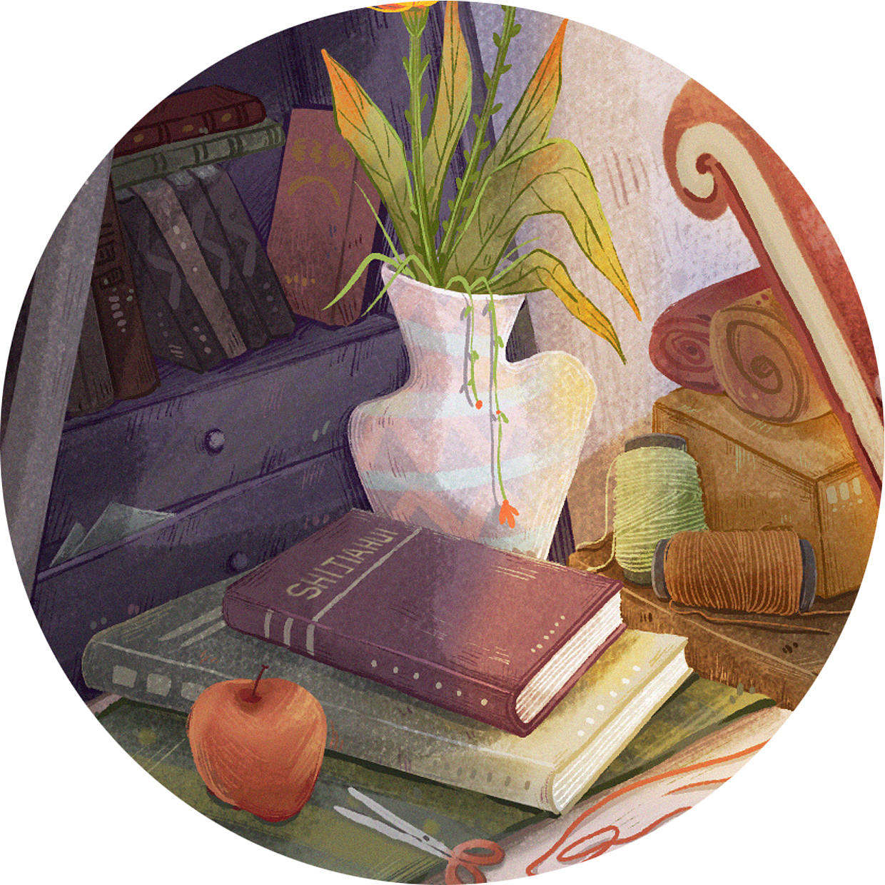 场景插画:织围巾丫