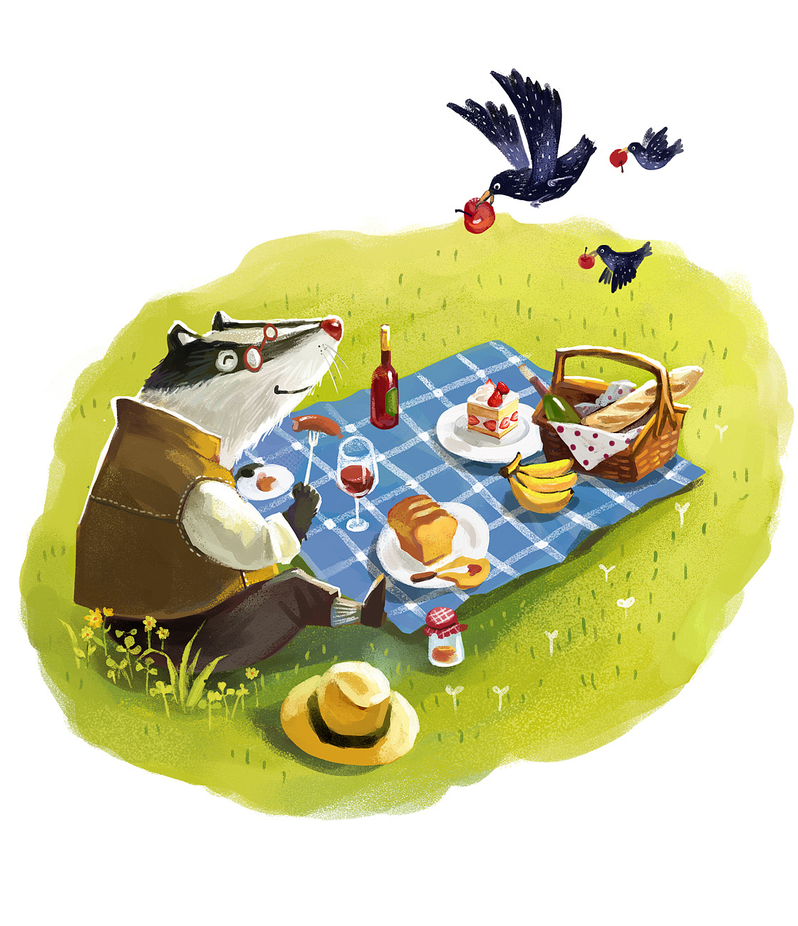 獾大爷在草地上野餐,鹩哥带着两个孩子来给它送红果果