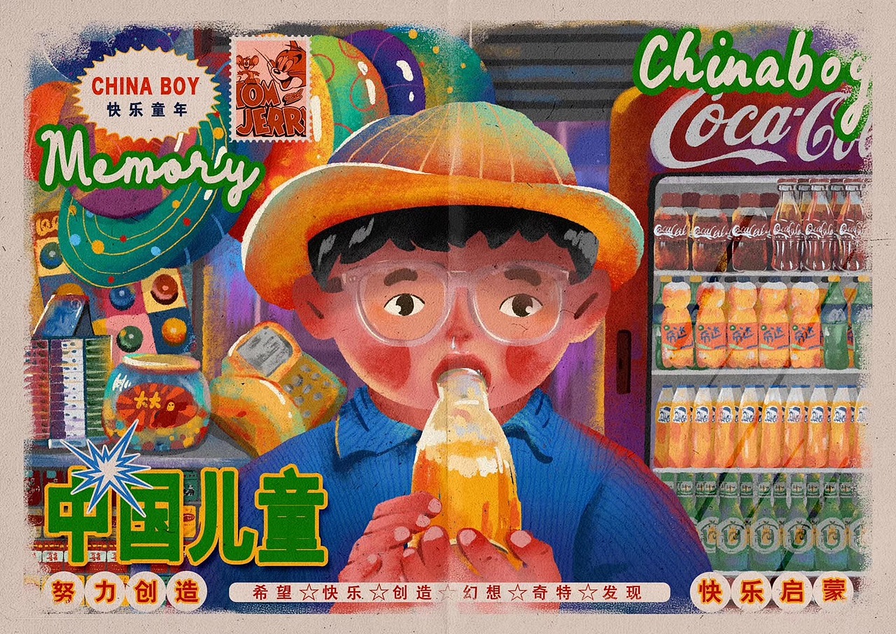 《中国儿童》复古海报—关于90后的童年（图ZMjIwMTk1NTY4） - 儿童插画 - 站酷设计师脑袋空空kk原创素材 - 站酷ZCOOL